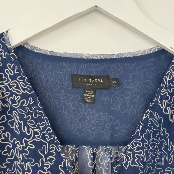 Ted Baker Mildred Blouse Balloon Sleeve Navy Beige Peasant Sheer Top Size 2 US 6 - Picture 5 of 14